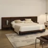 Bed Norlen Incl. hoofdbord met LED-verlichting en 2 nachtkastjes, Walnootfineer