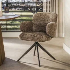 Draaibare Eetkamerstoel Kerek Hoven stof en bruin staal, kleur Champagne