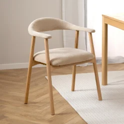 Eetkamerstoel Gerado Eikenhout en chenille, kleur Beige