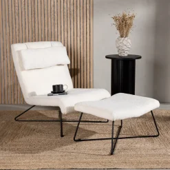 Fauteuil Mikail Met voetenbank, Bouclé, kleur wit