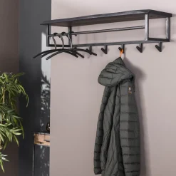 Kapstok Yena Acaciahout en metaal, met 6 haken en plank, kleur zwart