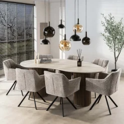 Organische Eettafel Laycie Keramiek in Travertinlook, 215 x 122cm