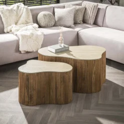 Organische Salontafel Beckie Mangohout en Keramiek in Travertin-look, Set van 2 stuks