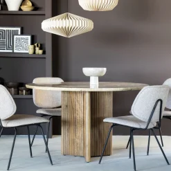 Ronde Eettafel Sara Mangohout en travertin, 130cm