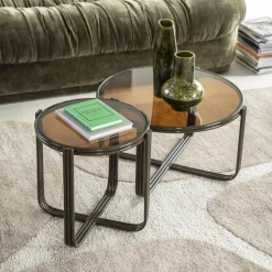 Ronde Salontafel Groovy Set van 2 stuks, Glas, kleur Bruin