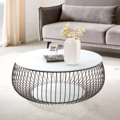 Ronde Salontafel Johathan Glas 86cm, kleur wit marmerlook