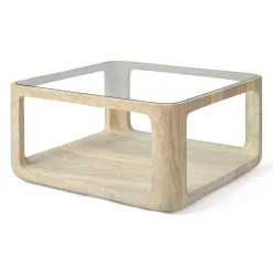 Salontafel Yobeko Travertinlook en glas, 80 x 80cm