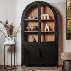 Vitrinekast Rotondi Mangohout en eikenfineer, 220 x 120cm, kleur Zwart