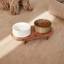 Voerbak Dumbi Set van 2 stuks, Keramiek, Met houten standaard