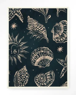 Wandkleed Seashells Midnight in maat en frame naar keuze