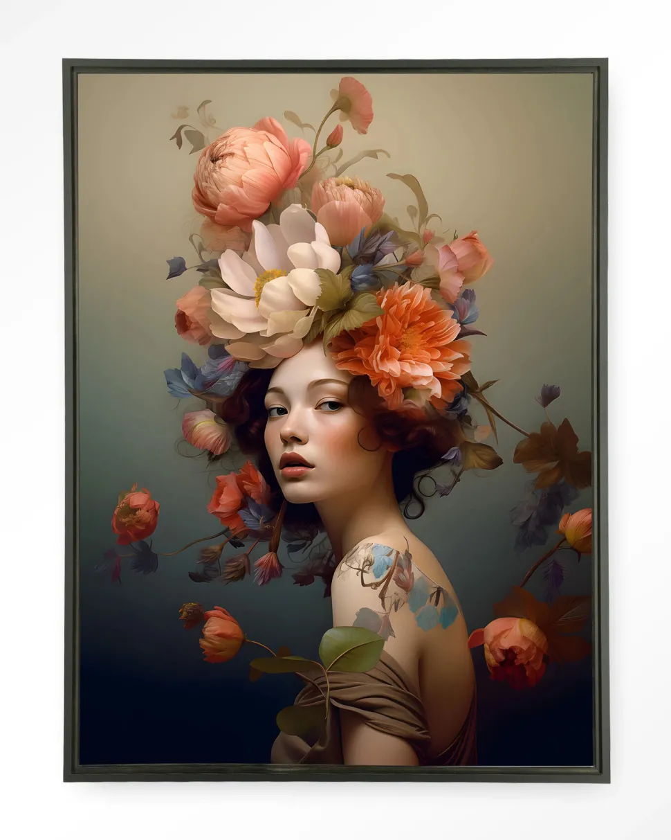 Wandkleed Vintage Flower Girl in maat en frame naar keuze